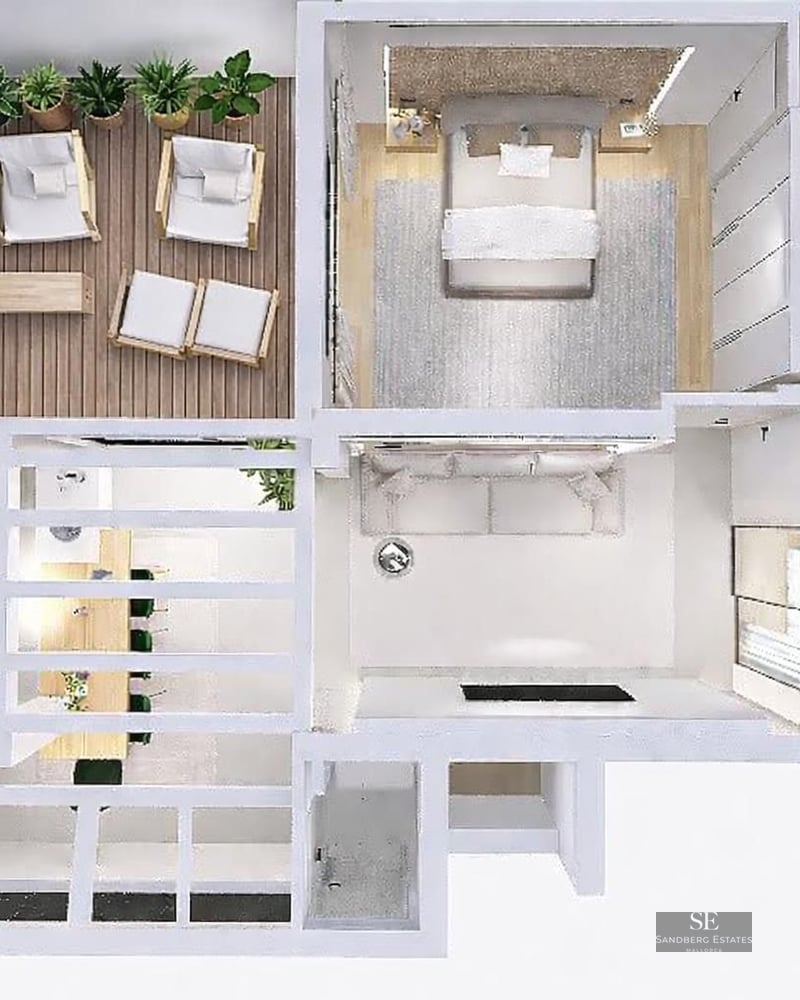 3D top-down view of a modern two-bedroom apartment featuring an open kitchen and a spacious wooden terrace with plants.