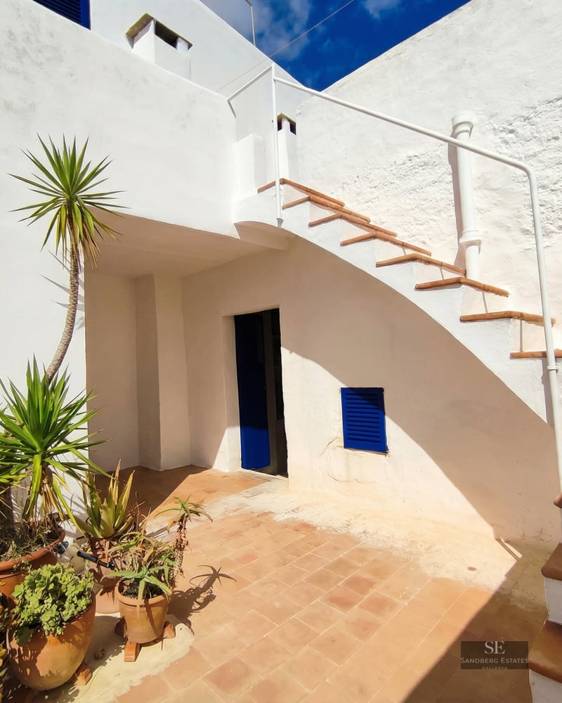 A bright outdoor patio with whitewashed walls, terracotta stairs, a blue door, and several potted succulent plants.