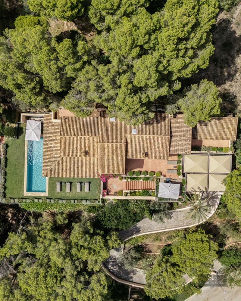 Top-down aerial view of a terracotta-roofed villa and pool surrounded by a dense pine forest.