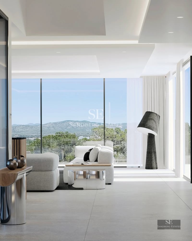 Exterior view of a modern villa with a pool, large windows, and lush vegetation. Contemporary architectural design.