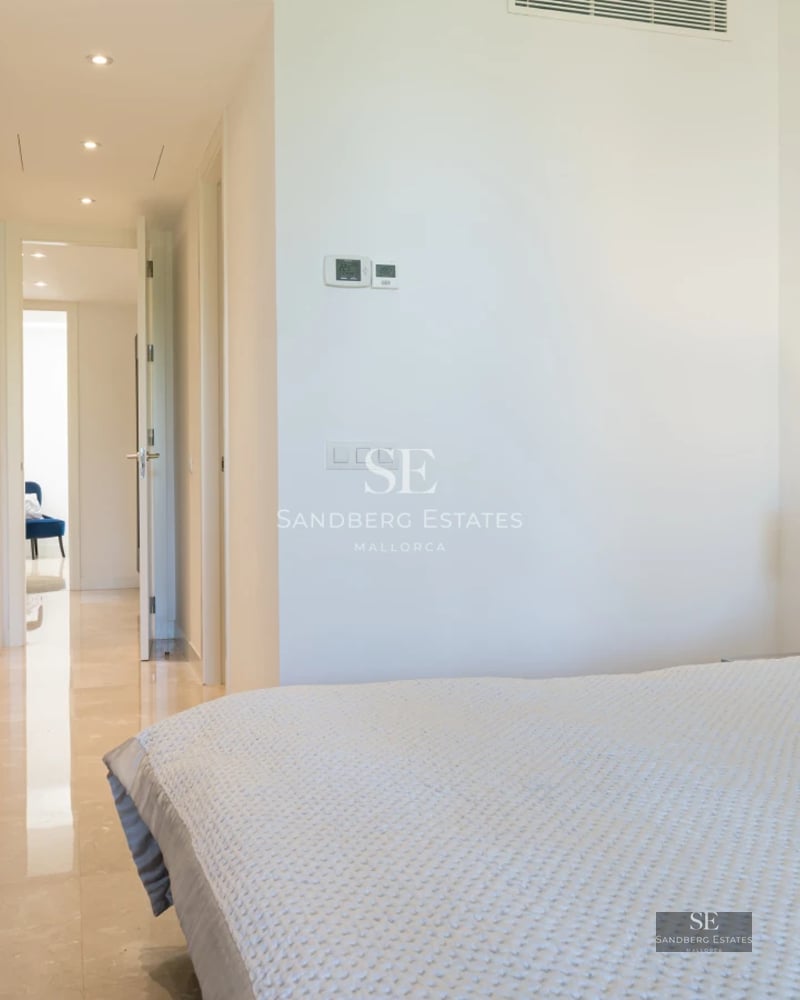 View of modern villa with reflecting pool. Minimalist design, large garden, green lawn. Sleek architecture with large windows.