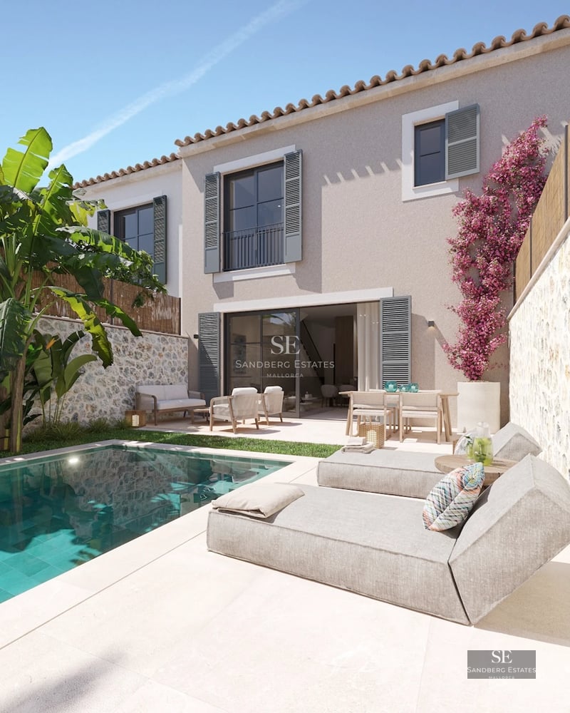 Exterior view of a modern villa with pool, lush garden, and expansive terraces. Clean and elegant architectural design.