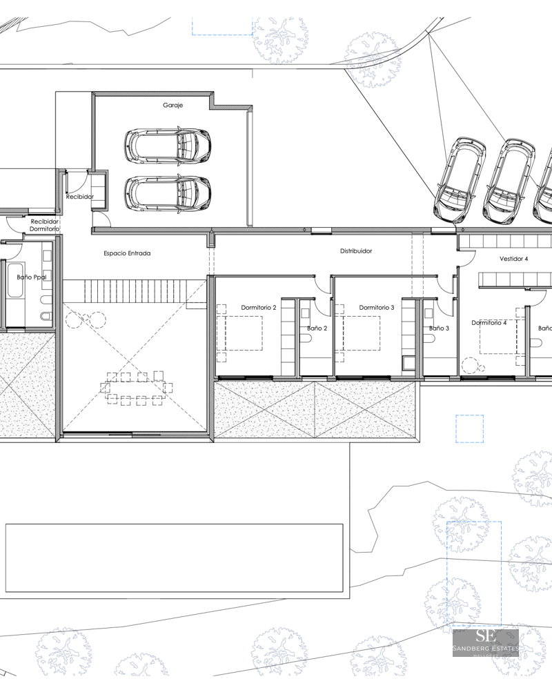 Plan technique montrant l'aménagement d'une villa de 4 chambres, salles de bains attenantes, garage et espaces extérieurs.