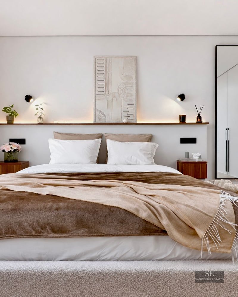 Bright master bedroom with a large bed, brown bedding, wooden nightstands, and integrated shelf lighting.