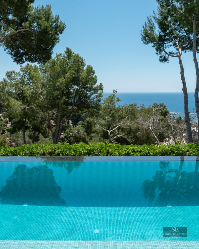 An infinity pool reflecting tall pine trees, looking out over a green landscape towards the blue Mediterranean sea.