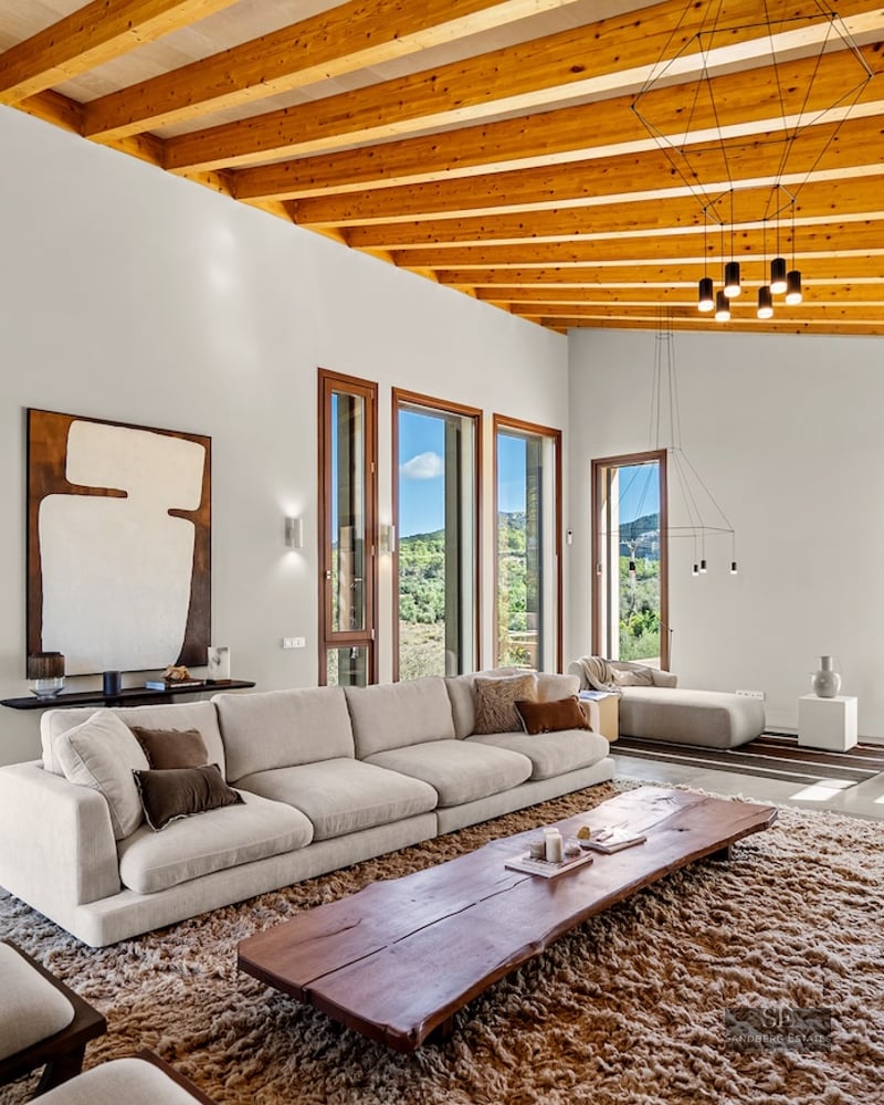 Bright living room with high wooden ceilings, cream sofa, live-edge wood table, and large windows viewing nature.