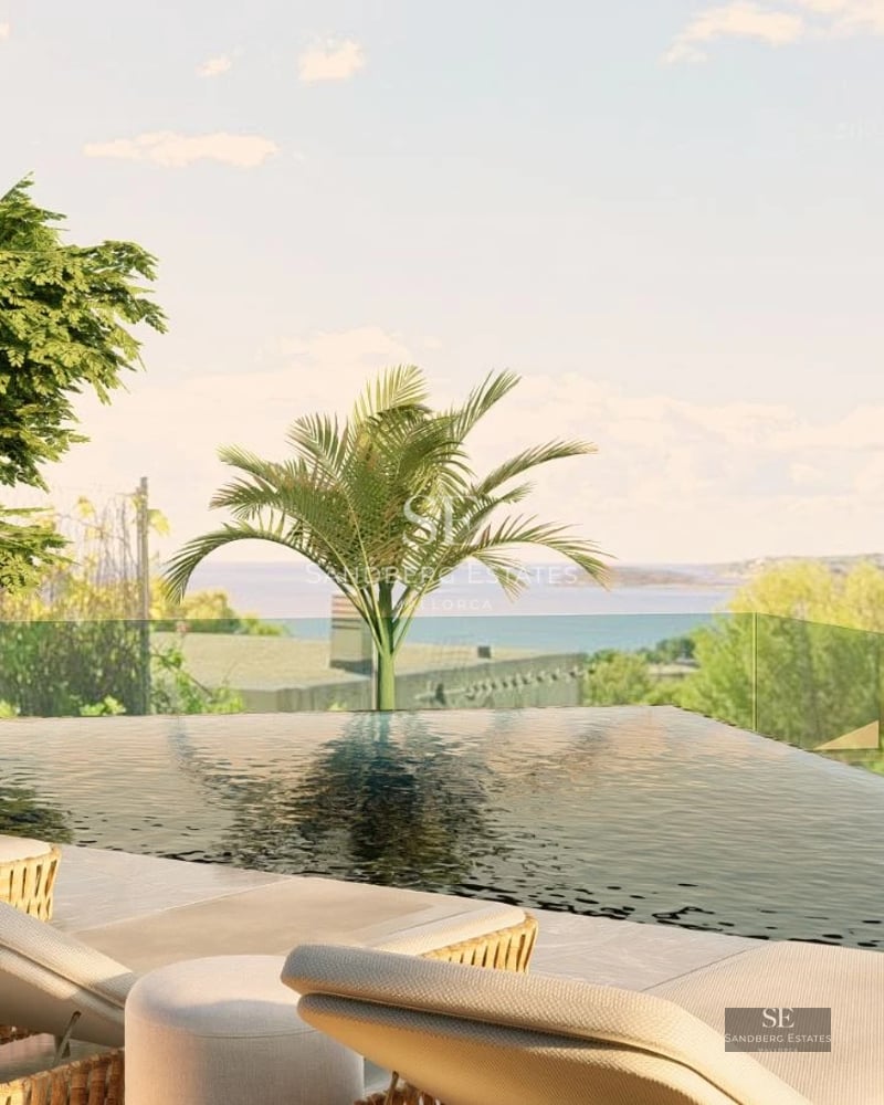 Exterior view of modern villa with pool, sun loungers, lush garden, and blue sky. Elegant architecture and manicured landscaping.