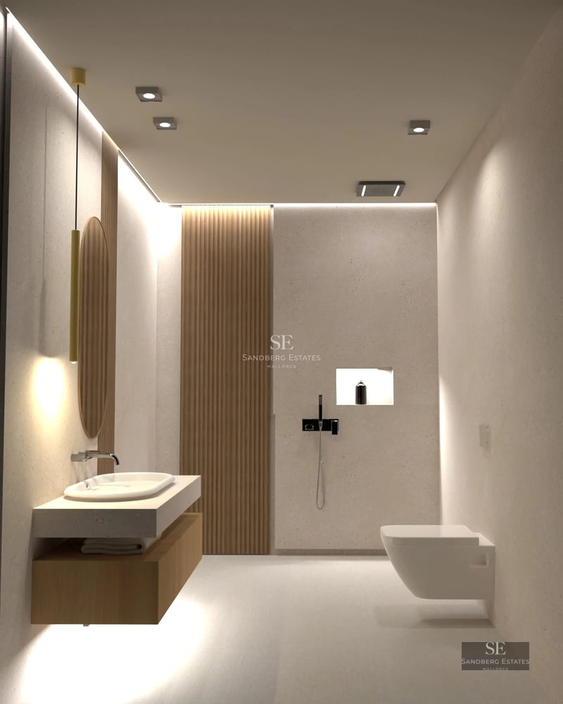 Spacious terrace with infinity pool and sea view. Modern design with elegant furniture and lush vegetation.