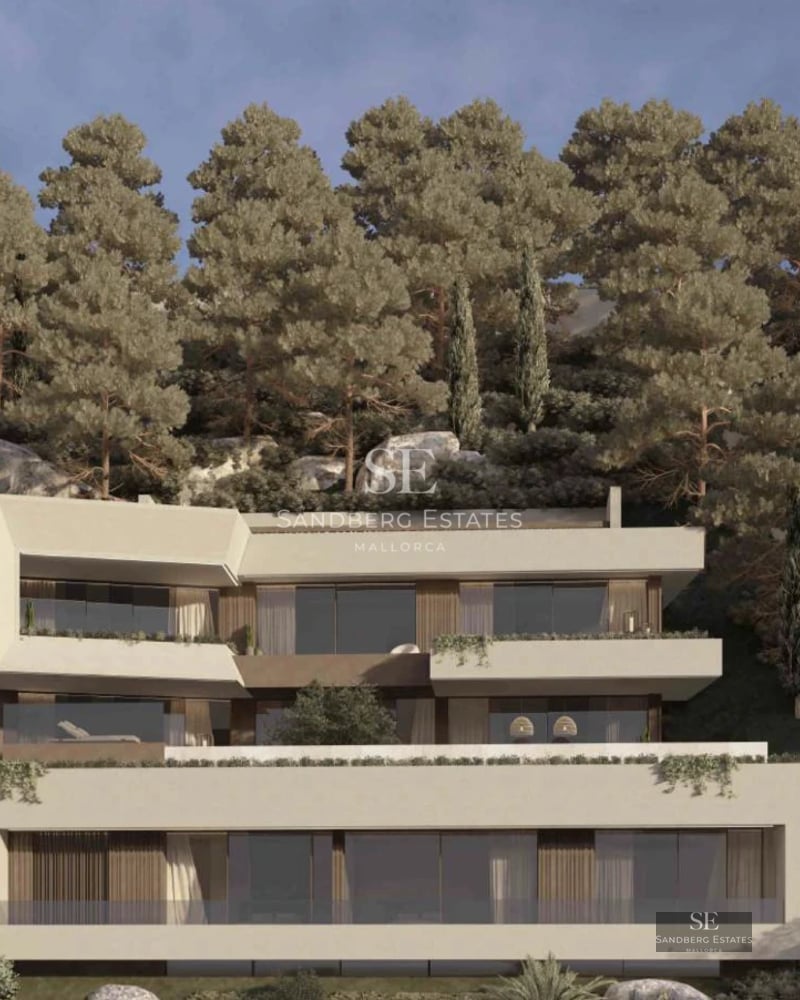 Exterior view of a modern villa with pool, lush garden, and minimalist architecture. Large windows and spacious terraces.