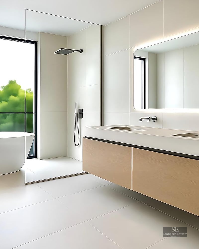 Modern master bathroom featuring a freestanding bathtub by a large window with palm trees, and a double vanity.