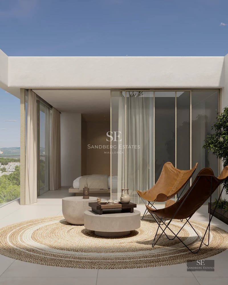 Expansive exterior with infinity pool, sun loungers, lush garden, and panoramic views. Modern and elegant architecture.