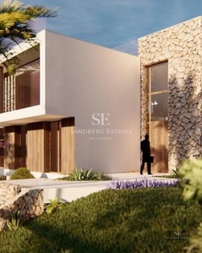 Panoramic view of a modern apartment with balcony, infinity pool and sea views. Minimalist design with large windows.