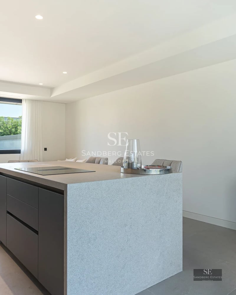 Exterior view of a luxury house with a pool, gardens, and spacious terraces. Modern design with high-quality finishes.