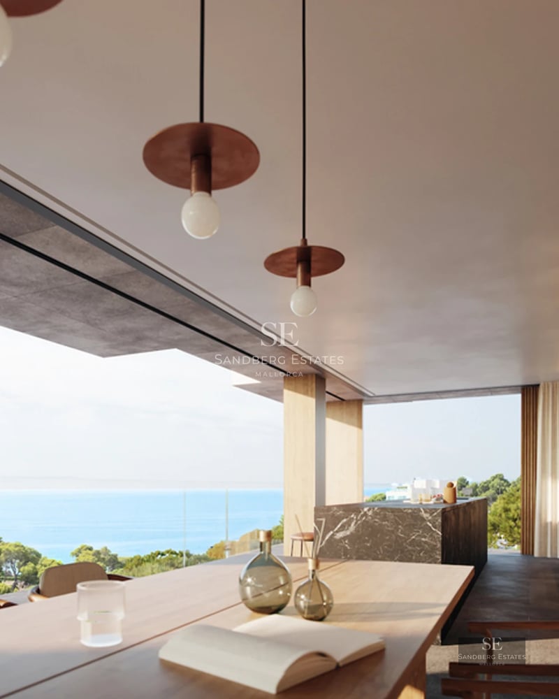 Exterior view of modern villa with pool, lush garden, and spacious terraces. Minimalist architecture, warm lighting.