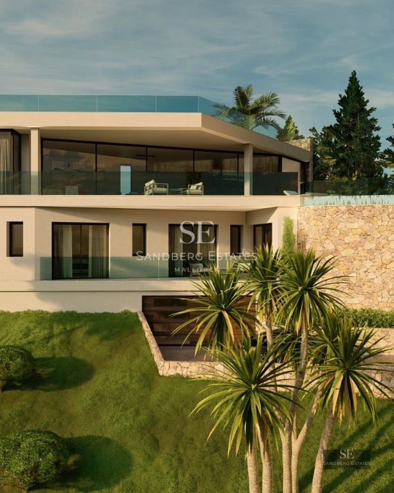 View of a modern villa with an infinity pool, lush garden, and contemporary architectural design.