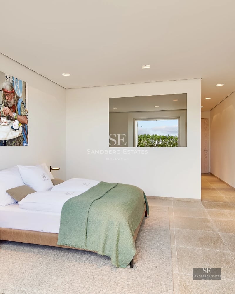 Exterior view of a modern villa with a pool, lush garden, and minimalist architecture. Warm lighting and spacious terraces.