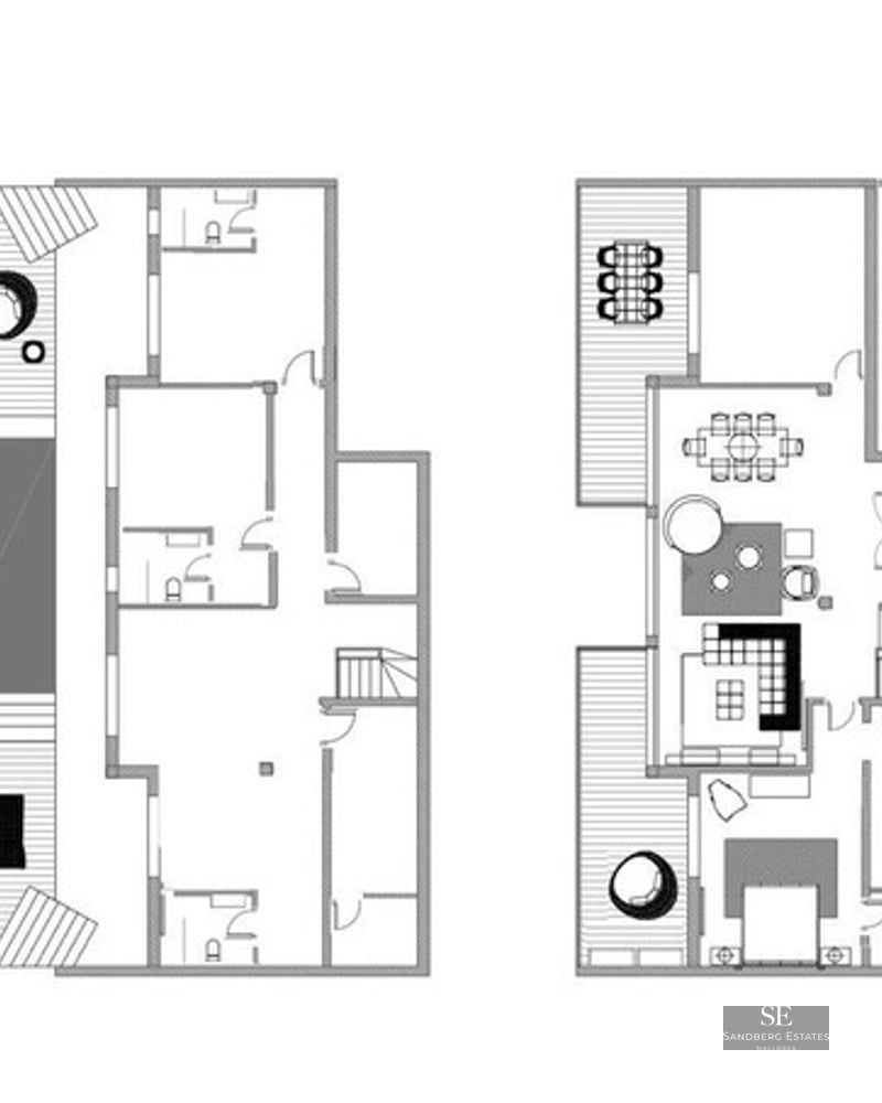 Two-level architectural floor plan showing interior rooms, outdoor pool deck, and terrace layout.