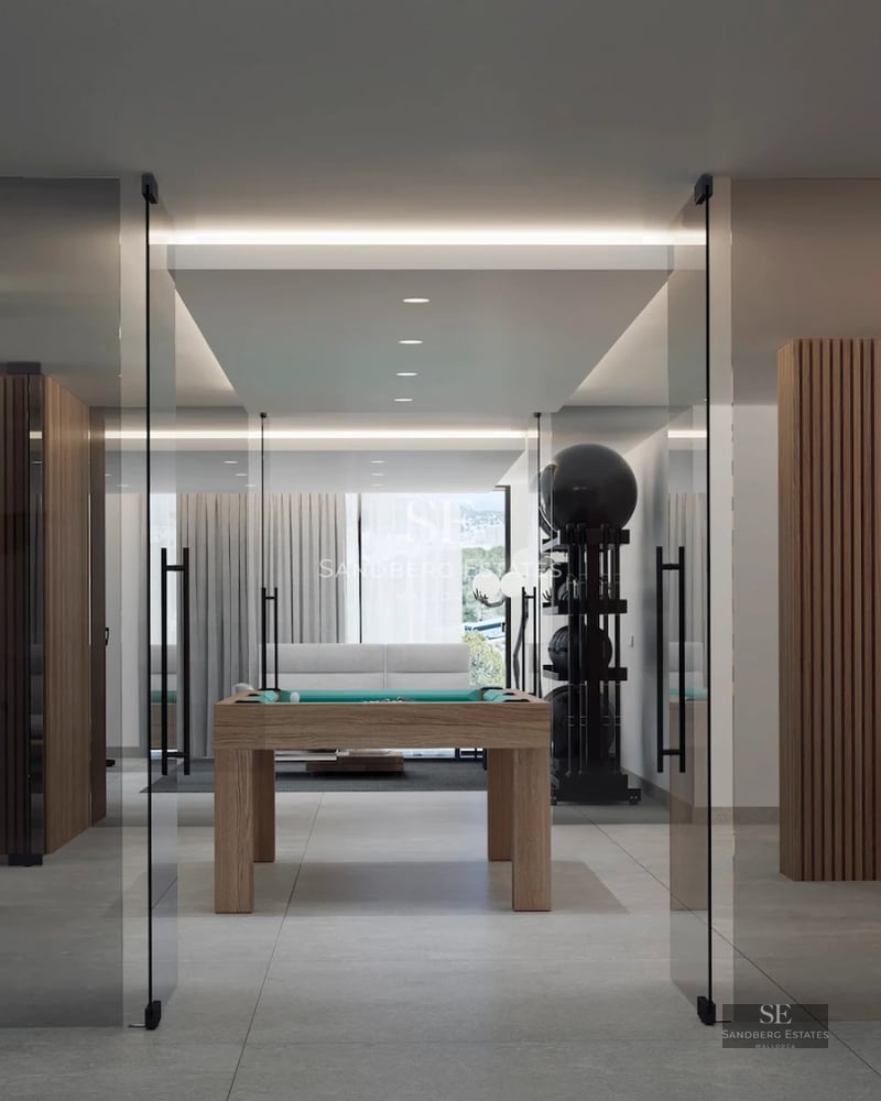 Exterior view of modern villa featuring a swimming pool, lush garden, and contemporary architecture. Soft ambient lighting.