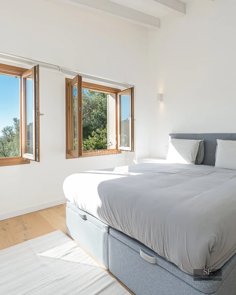 Bright living room with fireplace, large windows, and modern decor. Wooden floors, rug and comfortable sofas.