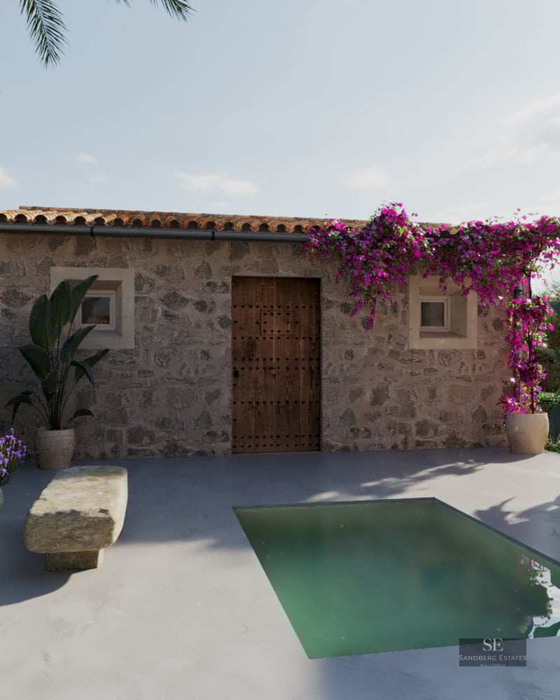 Private stone plunge pool surrounded by lavender and bougainvillea in a rustic Mediterranean courtyard.