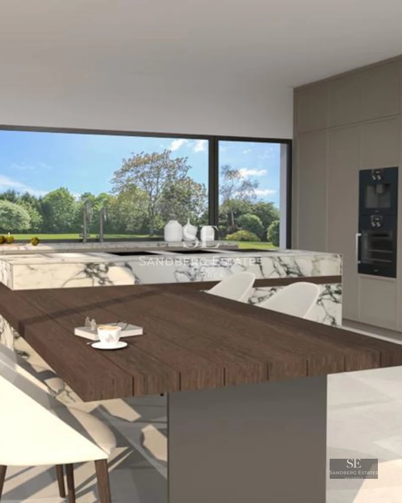 View of a luxurious modern villa with a pool. Minimalist design, large windows, and lush gardens. Contemporary architecture.