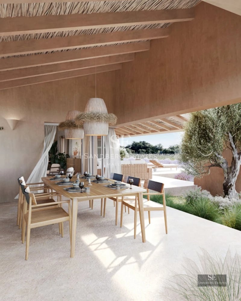 Exterior view of a modern villa with a swimming pool, lush garden, large windows, and sleek architecture. Warm lighting.