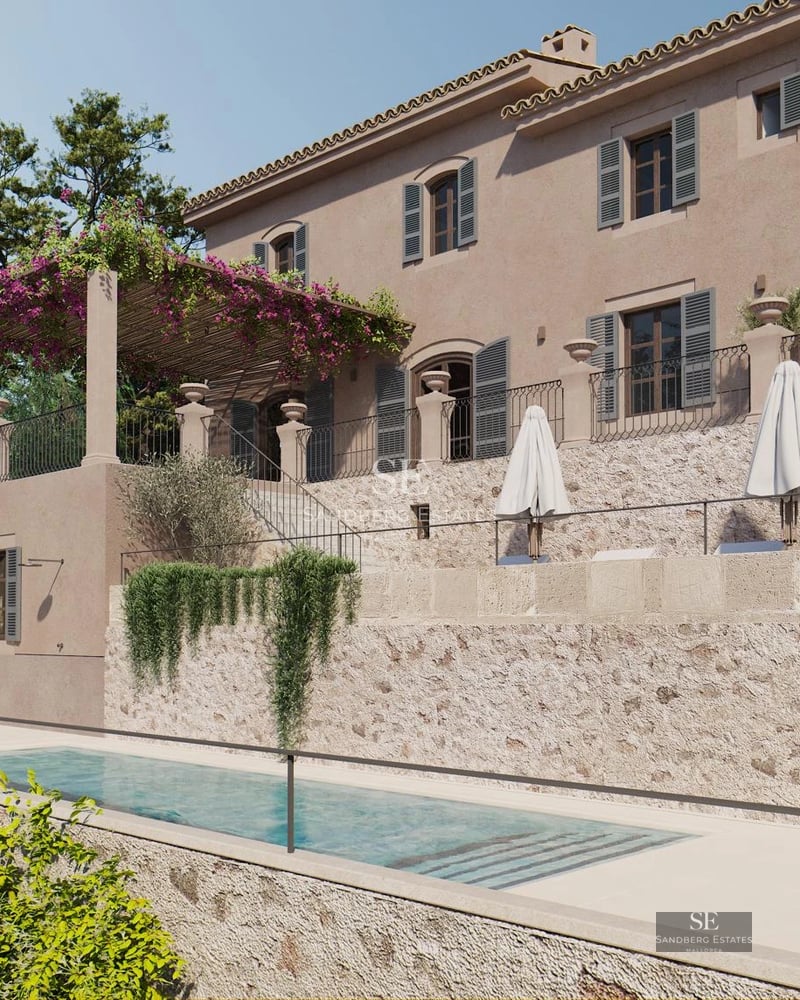 View of luxurious villa with infinity pool, sun loungers, garden, and expansive windows. Modern and elegant design. Avant-garde architecture.