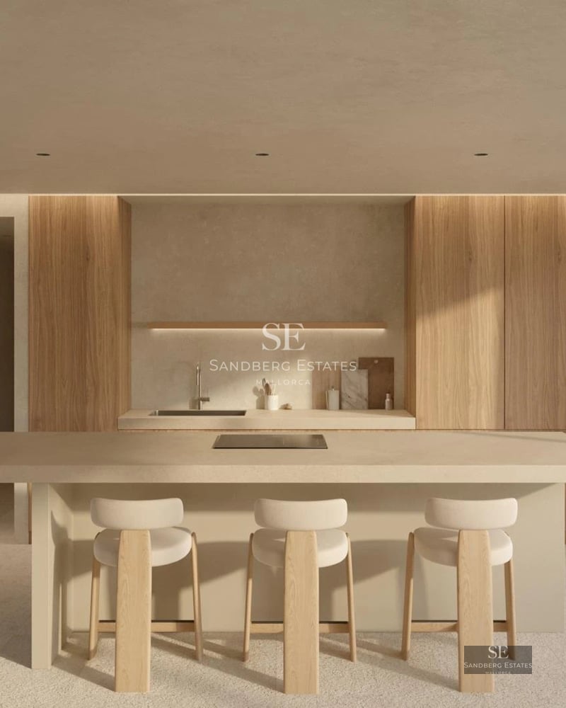 View of a modern villa with infinity pool, lush garden, and minimalist architecture. Soft ambient lighting.