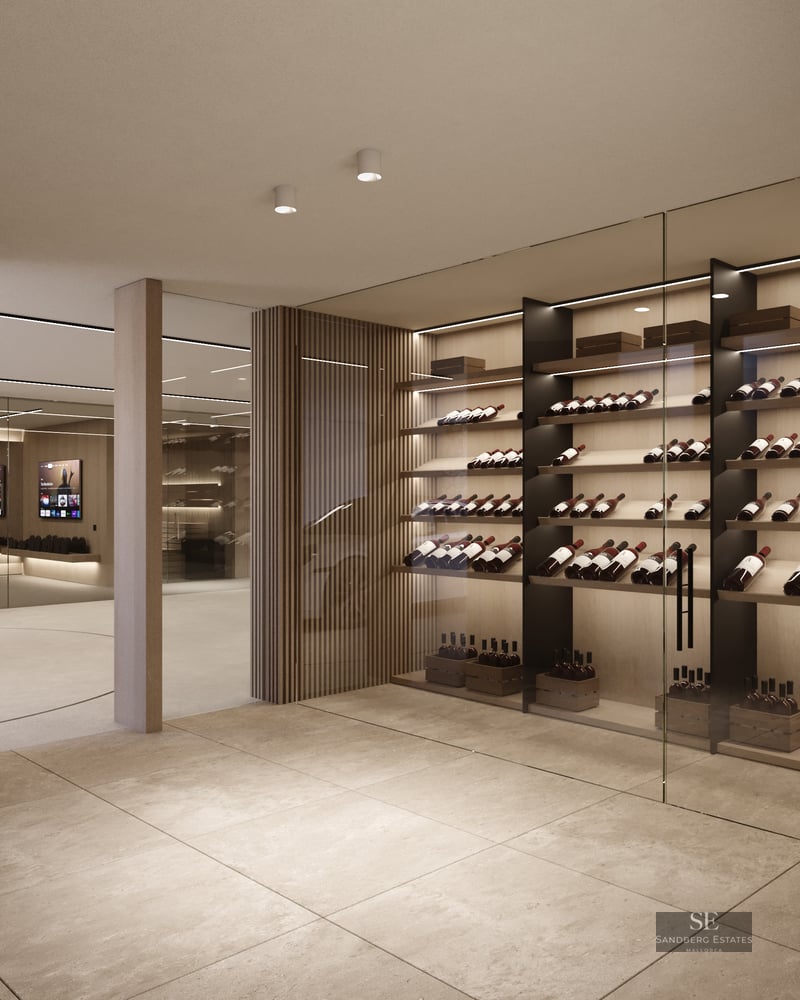 Luxury climate-controlled wine cellar with backlit wooden shelves and seamless glass walls.
