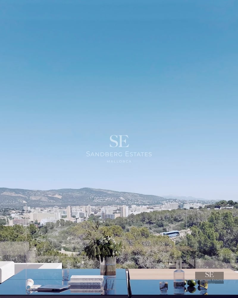 Exterior view of modern villa with infinity pool, large windows and minimalist design. Lush garden and blue sky.
