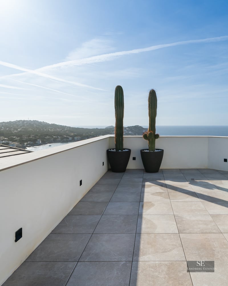 Sun-drenched modern terrace with stone tiles, white walls, and two tall cacti overlooking the Mediterranean coast.
