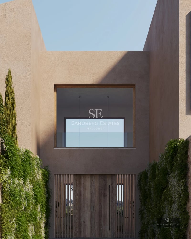 Exterior view of a modern villa featuring a swimming pool, lounge chairs, and lush vegetation. Contemporary architecture with large windows.