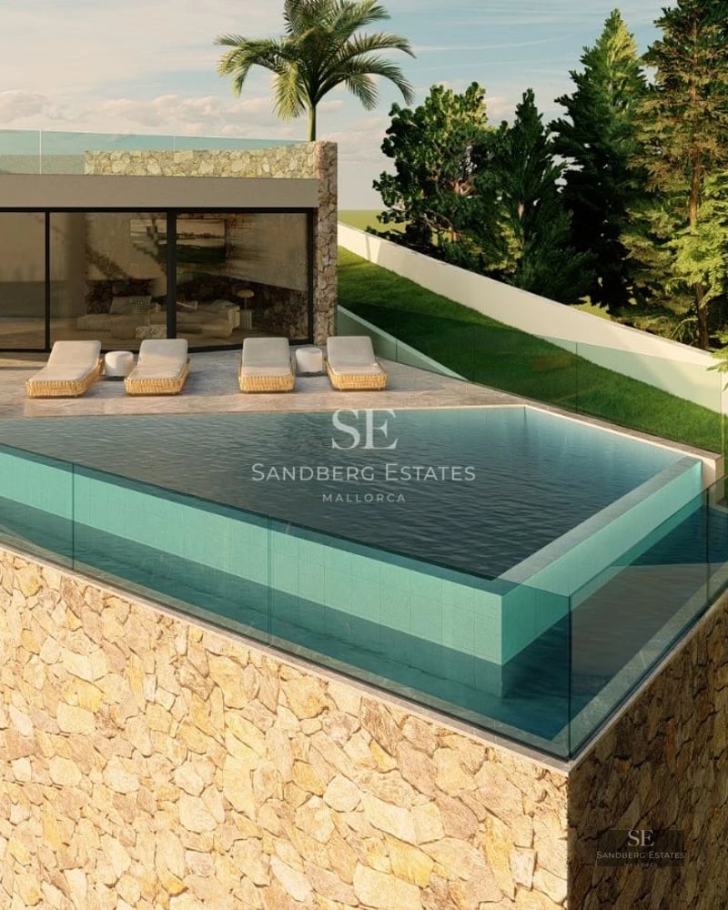 Aerial view of a luxurious villa featuring an infinity pool, pristine garden, and modern architecture. White facade, large windows, and minimalist design.