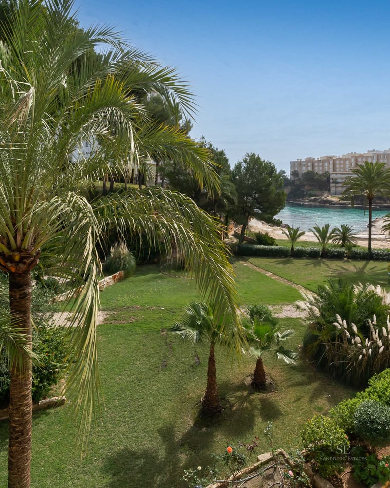 High-angle view of a tropical garden with palm trees, green lawn, and stone paths overlooking a blue sea cove.