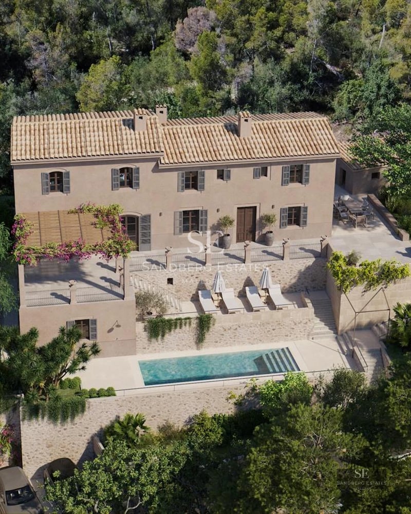 Exterior view of a modern house with a pool, minimalist architecture, large garden, and landscaping. Luxury and comfort.