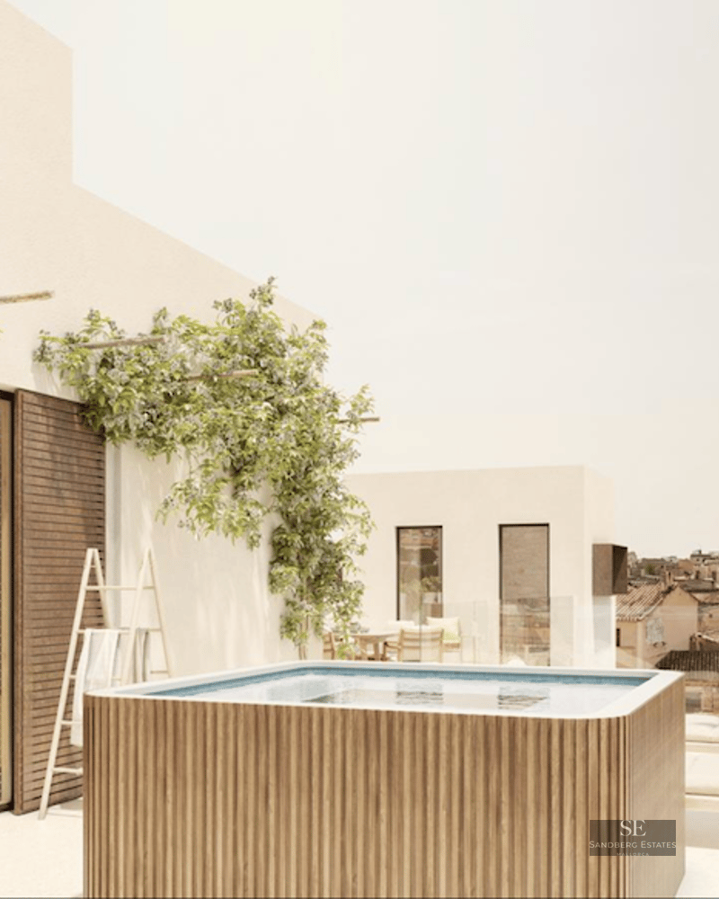 Rooftop terrace with a wooden plunge pool, loungers, and climbing plants overlooking a historic town.