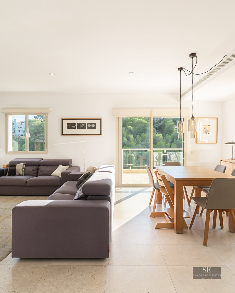 Bright living room featuring a grey sofa, wooden dining table, and large windows overlooking lush green trees.