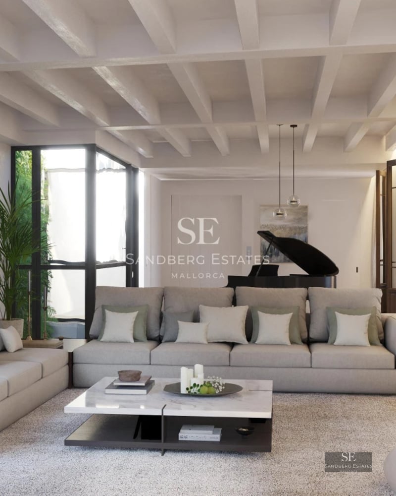 Exterior view of modern villa with pool, large garden, and minimalist architecture. Warm ambient lighting.