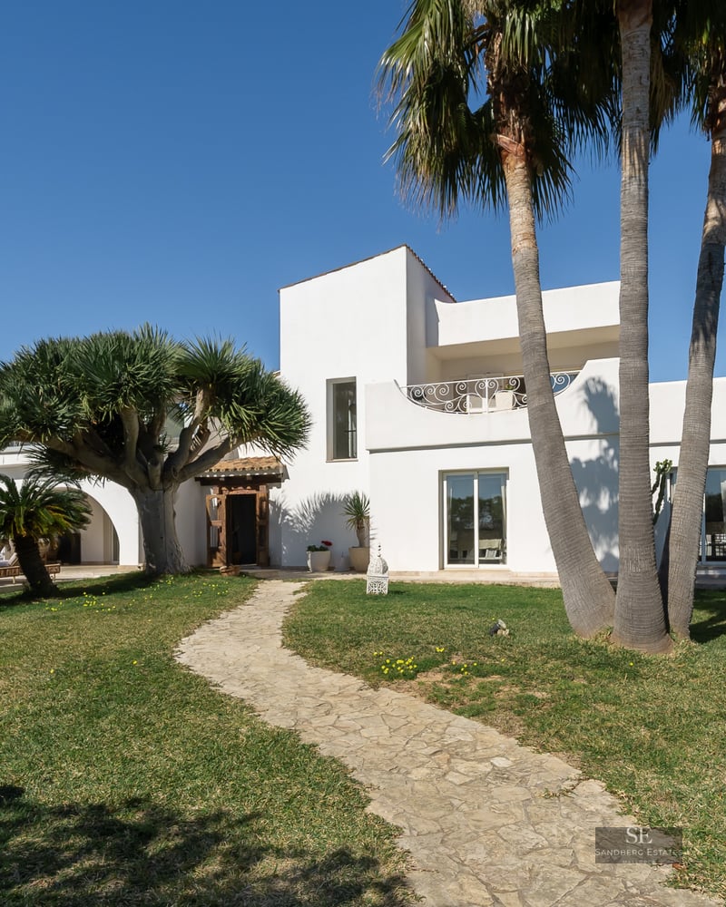 White Mediterranean villa with tall palm trees, a dragon tree, and a stone path on a sunny day.