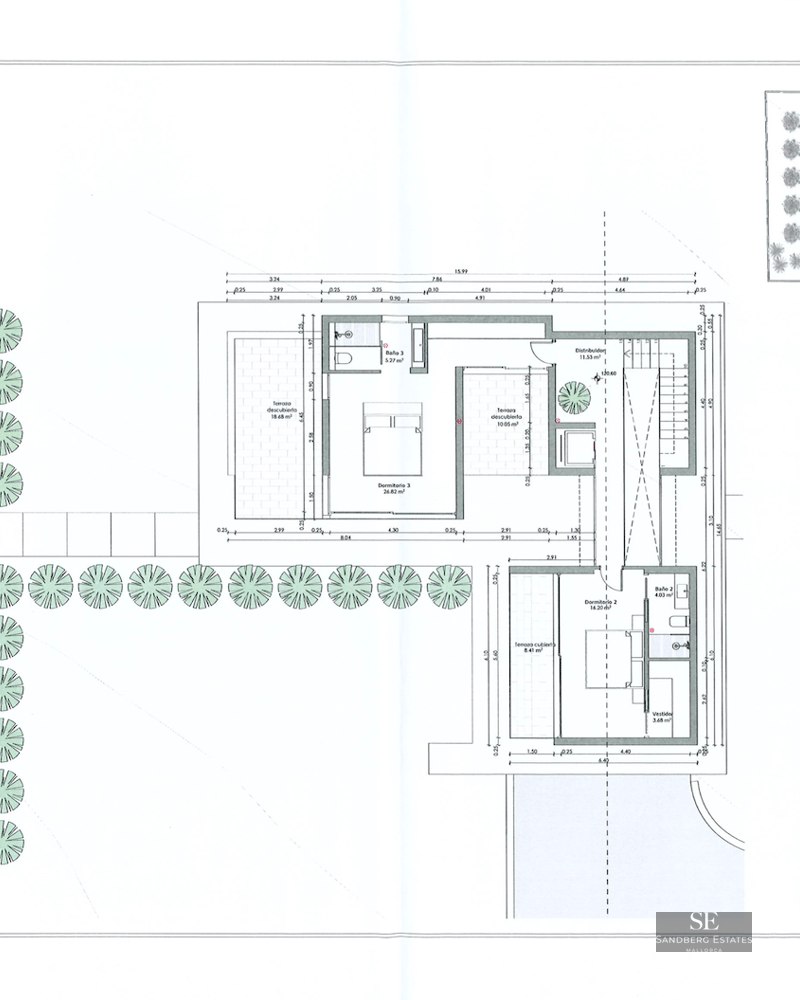 Architectural floor plan showing bedrooms, bathrooms, a large terrace, and the outdoor swimming pool area.