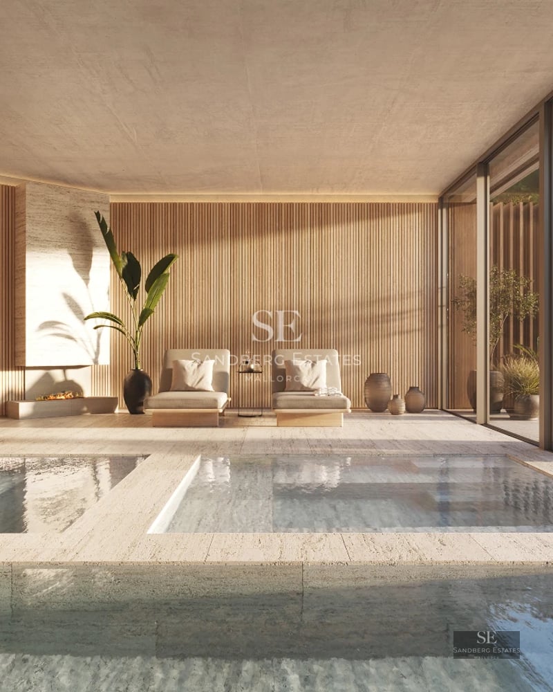 Modern exterior view with reflecting pool, large windows, terrace and lush vegetation. Minimalist and elegant design.