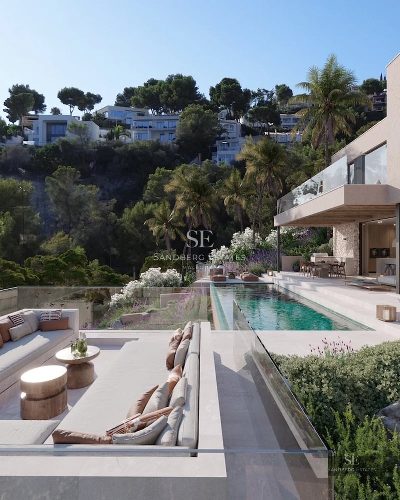 Modern penthouse with large windows, terrace with pool, and sea view. Minimalist interior with wooden floors and abundant natural light.