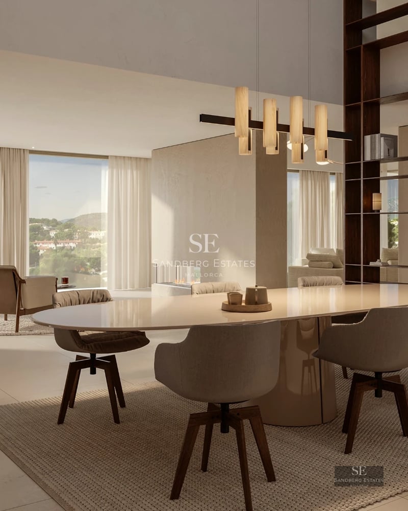 Modern balcony with glass railing offering panoramic sea views. Minimalist furniture, wooden floor and elegant design.