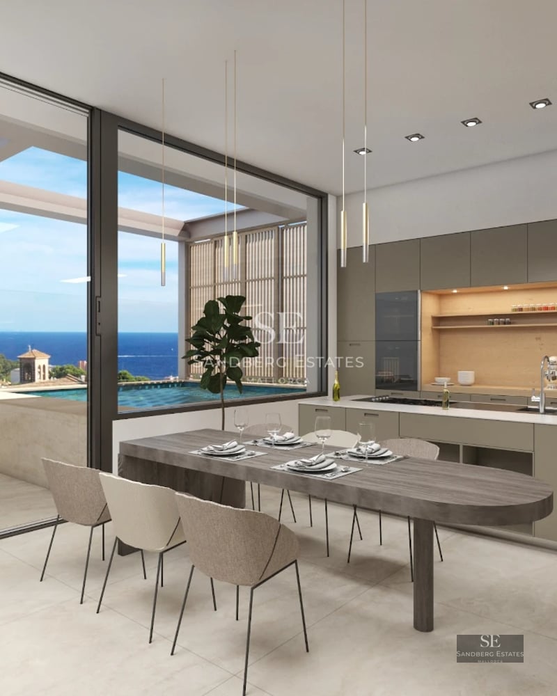 Modern villa with infinity pool, sun loungers, and panoramic views. Minimalist architecture, sleek design, and high-end finishes.