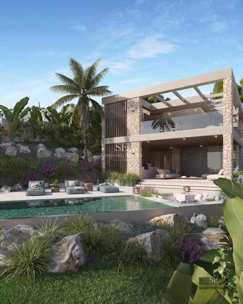 Modern facade with pool, lush garden, and large terraces. Minimalist architectural design and high-quality finishes.