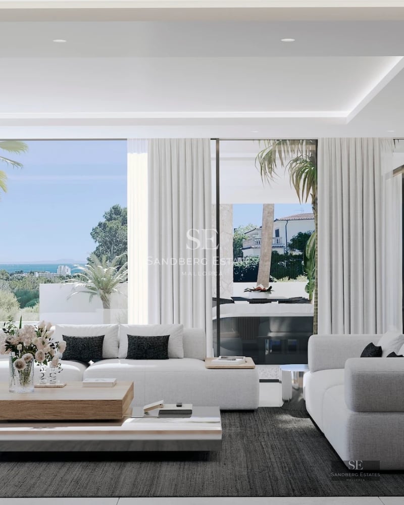 View of a modern villa with an infinity pool, surrounded by gardens and large terraces. Minimalist design and luxurious finishes.