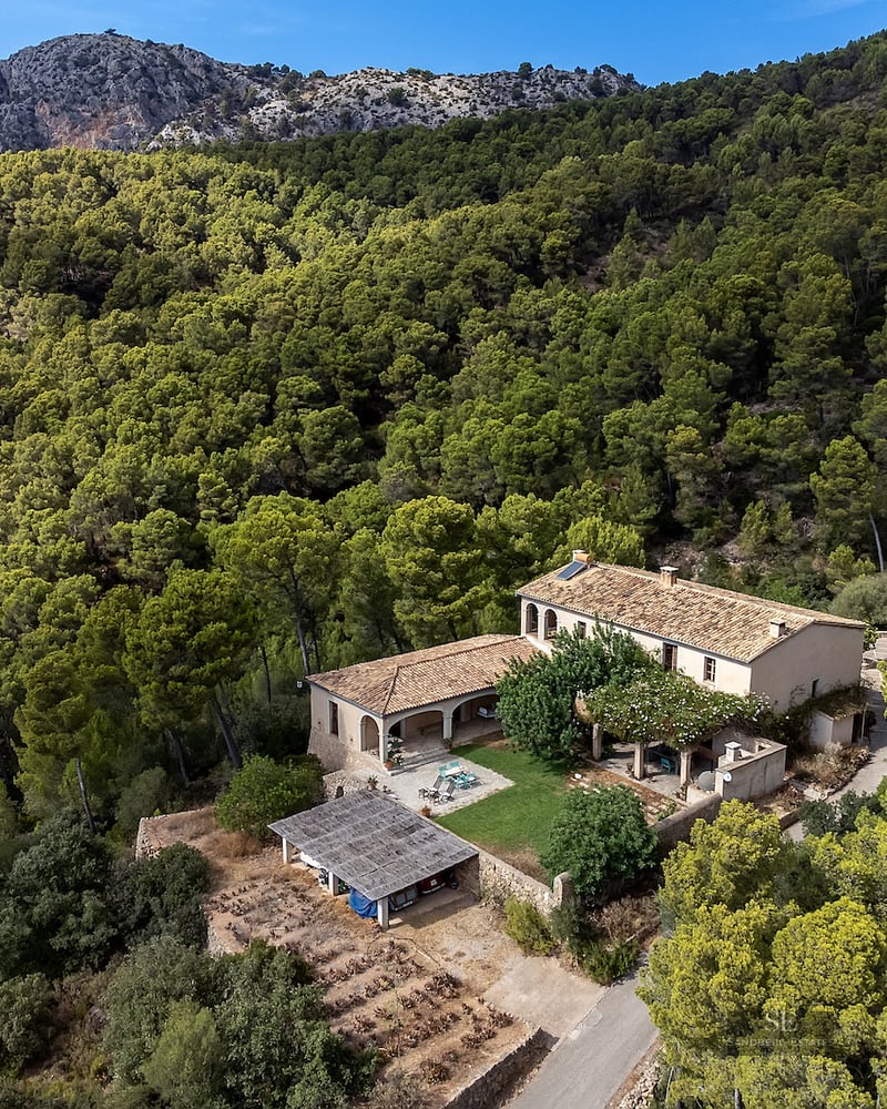 Aerial view of a traditional stone villa nestled in a dense green forest with mountains in the background.