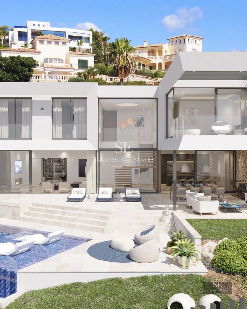 Exterior of a modern villa with reflecting pool, manicured garden and minimalist architecture. High-end design and luxury finishes.