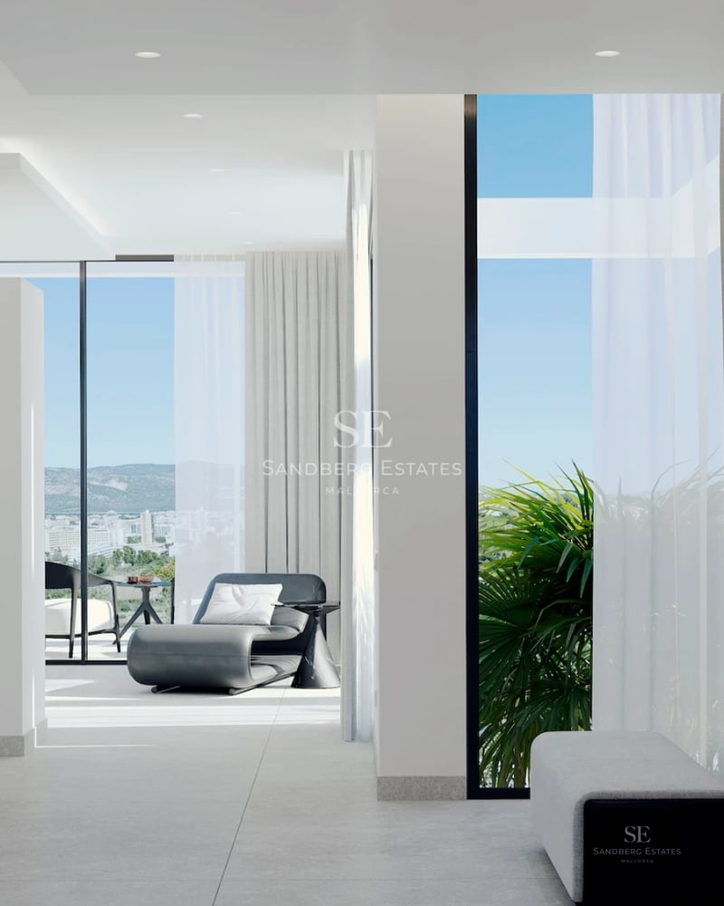 Exterior of modern villa with pool. Sleek architecture, large windows, lush landscaping, and poolside relaxation area.