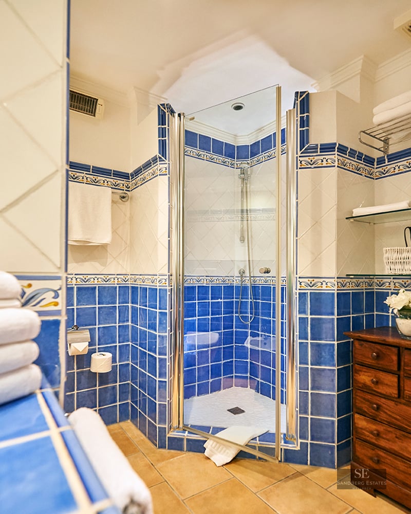 Bathroom with blue and white tiles, glass shower stall, terracotta floor, and rustic wooden dresser.